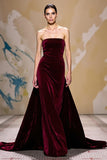 A-Line Dark Red Velvet Strapless Evening Dress