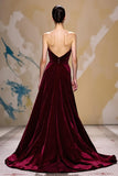 A-Line Dark Red Velvet Strapless Evening Dress