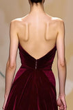 A-Line Dark Red Velvet Strapless Evening Dress