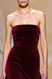 A-Line Dark Red Velvet Strapless Evening Dress