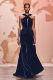 Halter A-Line Black Velvet Keyhole Evening Dress with Criss Cross Back