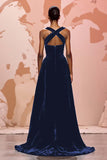 Halter A-Line Black Velvet Keyhole Evening Dress with Criss Cross Back