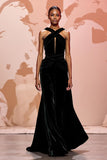 Halter A-Line Black Velvet Keyhole Evening Dress with Criss Cross Back