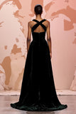 Halter A-Line Black Velvet Keyhole Evening Dress with Criss Cross Back