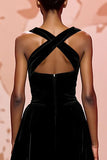Halter A-Line Black Velvet Keyhole Evening Dress with Criss Cross Back