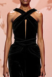 Halter A-Line Black Velvet Keyhole Evening Dress with Criss Cross Back