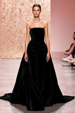 A-Line Strapless Velvet Black Evening Dress