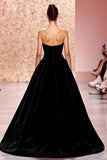 A-Line Strapless Velvet Black Evening Dress