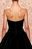A-Line Strapless Velvet Black Evening Dress