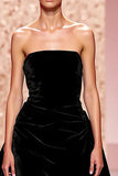 A-Line Strapless Velvet Black Evening Dress