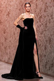 Strapless A-Line Long Black Evening Dress With Slit (Without Gloves)