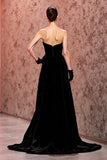 Strapless A-Line Long Black Evening Dress With Slit (Without Gloves)