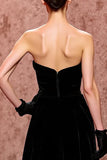 Strapless A-Line Long Black Evening Dress With Slit (Without Gloves)