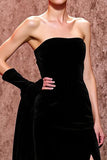 Strapless A-Line Long Black Evening Dress With Slit (Without Gloves)