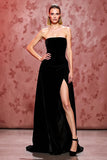 Elegant A-Line Black Strapless Velvet Evening Dress With Slit