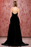 Elegant A-Line Black Strapless Velvet Evening Dress With Slit