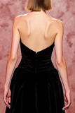 Elegant A-Line Black Strapless Velvet Evening Dress With Slit