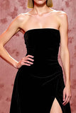 Elegant A-Line Black Strapless Velvet Evening Dress With Slit