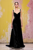 Velvet Spaghetti Straps A-Line Black Evening Dress