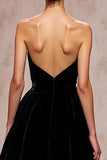 Black Strapless A-Line Backless Velvet Evening Dress