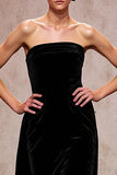 Black Strapless A-Line Backless Velvet Evening Dress