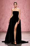 Strapless Black A-Line Evening Dress With Slit