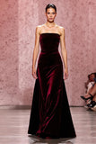 Velvet A-Line Strapless Dark Red Evening Dress