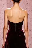 Velvet A-Line Strapless Dark Red Evening Dress