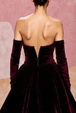 Dark Red A-Line Strapless Velvet Evening Dress