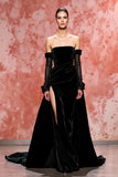 Strapless Long Sleeve A-Line Black Evening Dress With Slit
