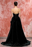 Strapless Long Sleeve A-Line Black Evening Dress With Slit