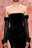 Strapless Long Sleeve A-Line Black Evening Dress With Slit