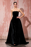Simple Black Velvet A-Line Strapless Evening Dress
