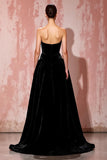 Simple Black Velvet A-Line Strapless Evening Dress