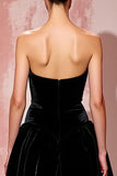 Simple Black Velvet A-Line Strapless Evening Dress