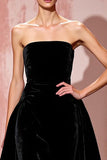 Simple Black Velvet A-Line Strapless Evening Dress
