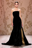 Strapless A Line Black Velvet Evening Dress With Slit