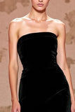 Strapless A Line Black Velvet Evening Dress With Slit