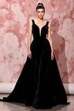 A Line Black Velvet V-Neck Long Evening Dress