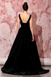 A Line Black Velvet V-Neck Long Evening Dress