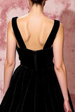 A Line Black Velvet V-Neck Long Evening Dress