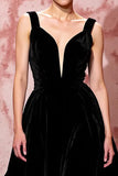 A Line Black Velvet V-Neck Long Evening Dress