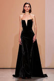 Black Strapless A Line Long Backless Velvet Evening Dress