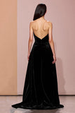 Black Strapless A Line Long Backless Velvet Evening Dress
