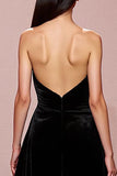 Black Strapless A Line Long Backless Velvet Evening Dress
