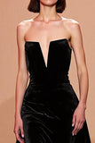 Black Strapless A Line Long Backless Velvet Evening Dress