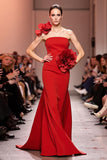 Mermaid Strapless Red Evening Dress with 3D Flower
