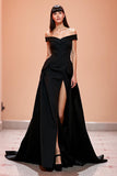 Off The Shoulder A Line Black Evening Dress with Slit
