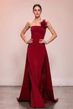 Strapless Red Long Evening Dress with 3D Flower