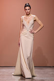 Champagne V-Neck Long Sheath Evening Dress with Sequins